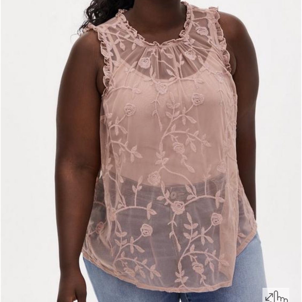 Torrid Pink Embroidered Mesh Mock Neck Top